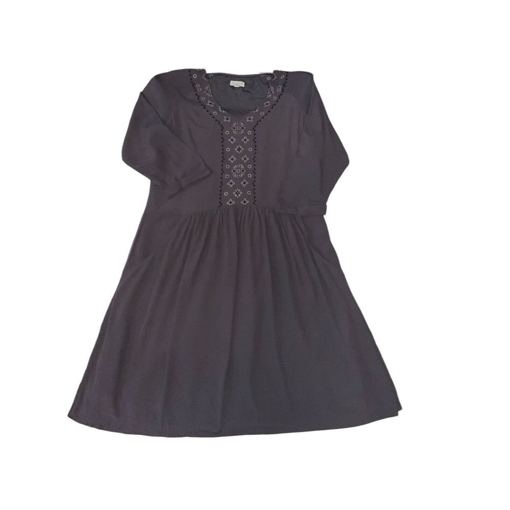 Garnet Hill Drop Waist Dress Women's 4 Gray Crepe Embroidered Art Deco Boho